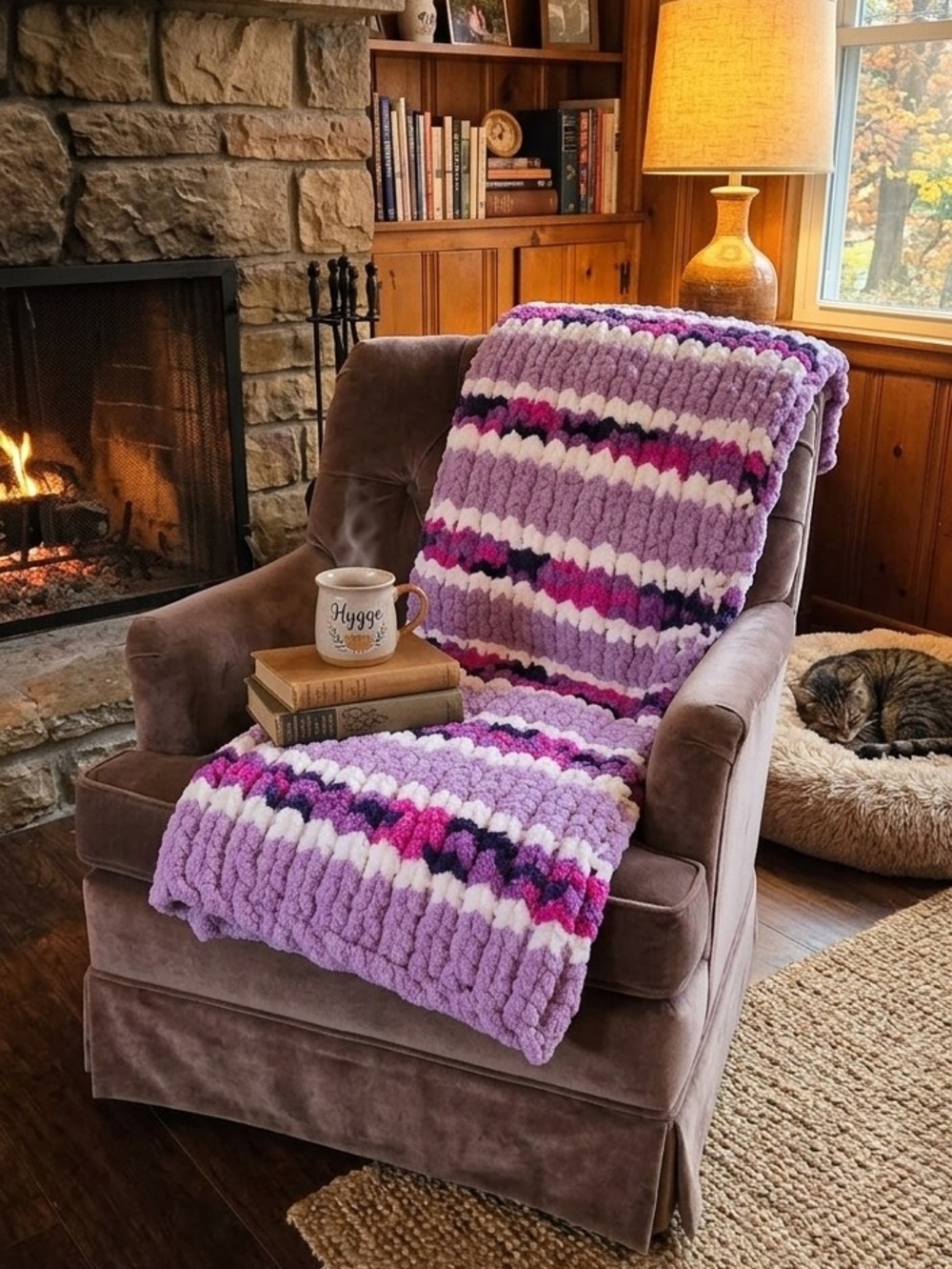 Cozy Handknit Plush Throw Blanket — Lavender, White & Pink Stripes